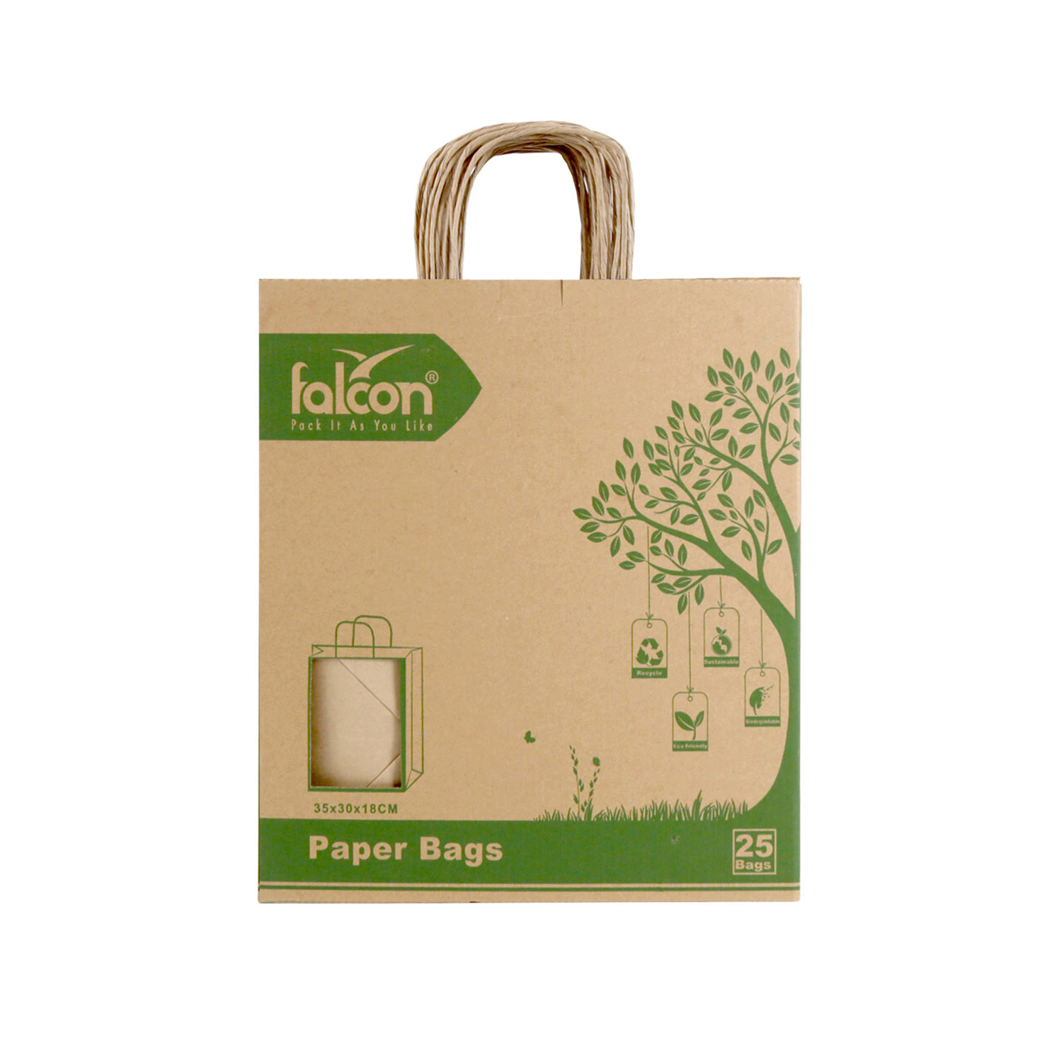 Paper Shopping Bag with Handle, Brown Color, 35cm x 30cm x 18cm 